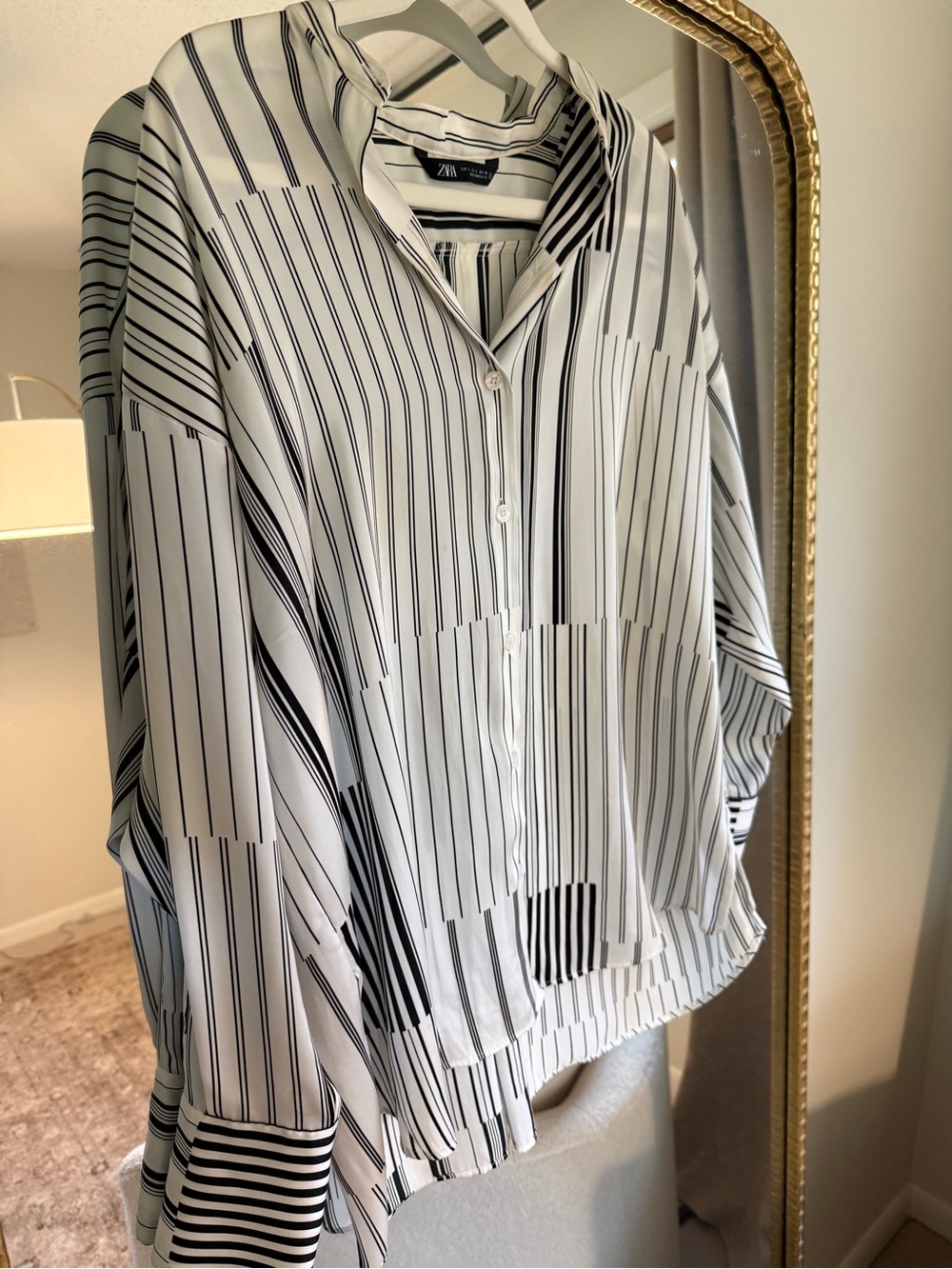 Zara White and Black Striped Button-Front Blouse